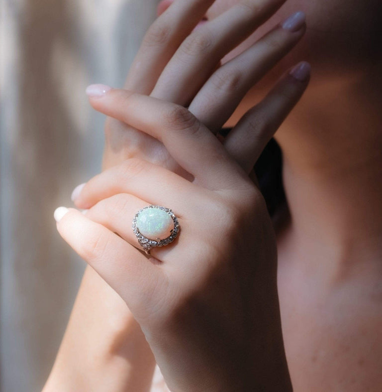 Art Deco Cabochon Opal Diamond and Platinum Ring