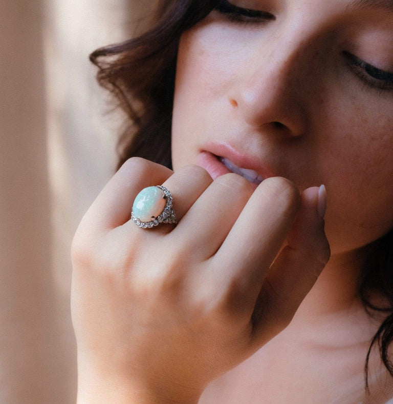 Art Deco Cabochon Opal Diamond and Platinum Ring