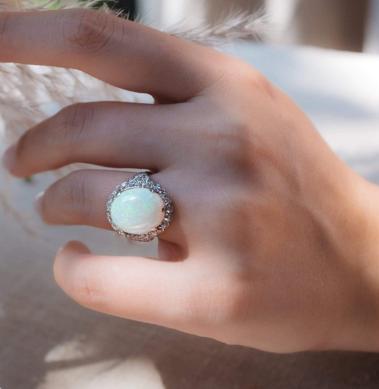 Art Deco Cabochon Opal Diamond and Platinum Ring