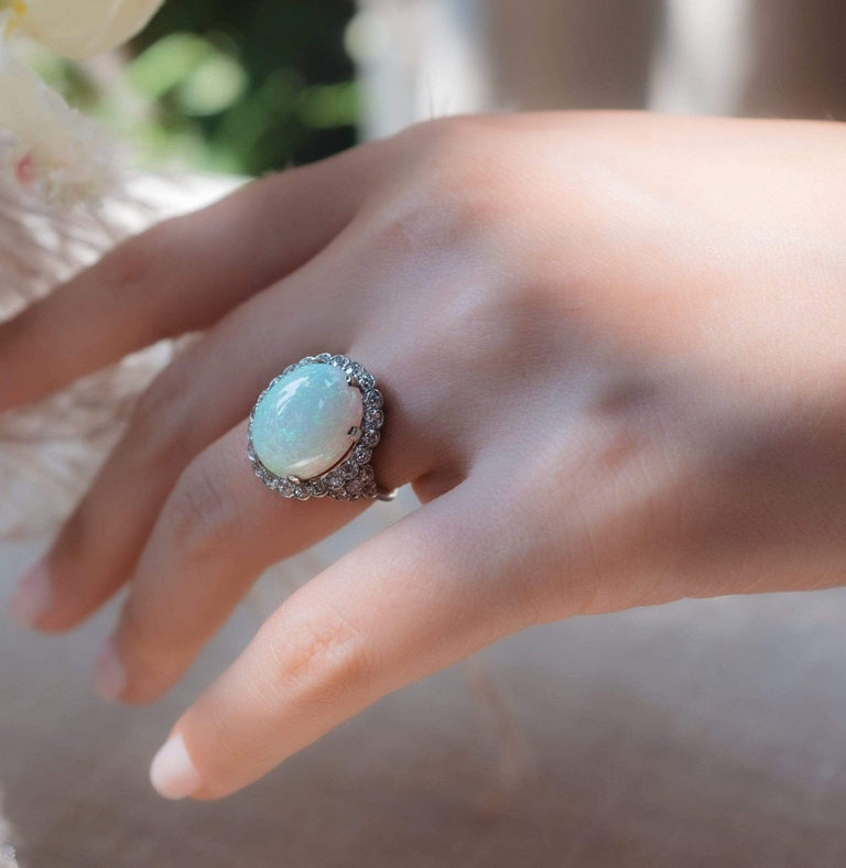 Art Deco Cabochon Opal Diamond and Platinum Ring