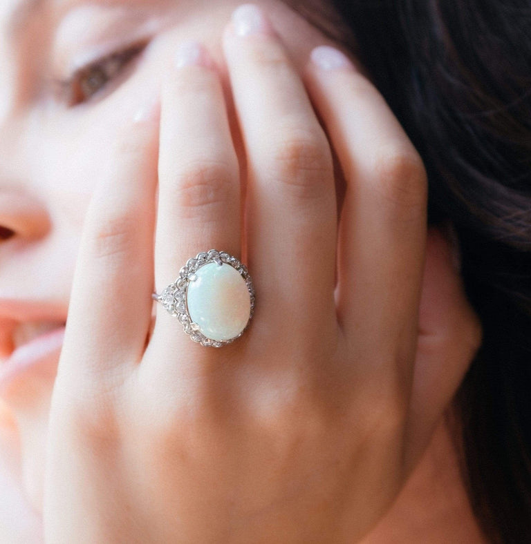 Art Deco Cabochon Opal Diamond and Platinum Ring