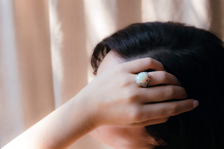 Art Deco Cabochon Opal Diamond and Platinum Ring