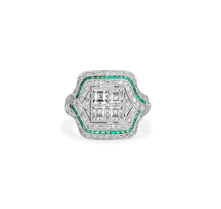Art Deco Carre Cut Diamond & Emerald Ring