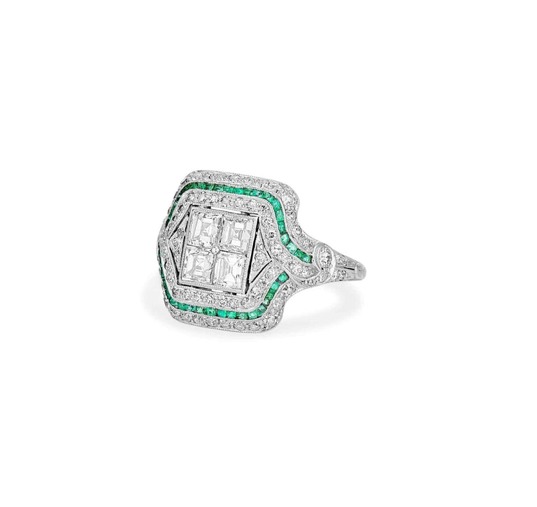 Art Deco Carre Cut Diamond & Emerald Ring