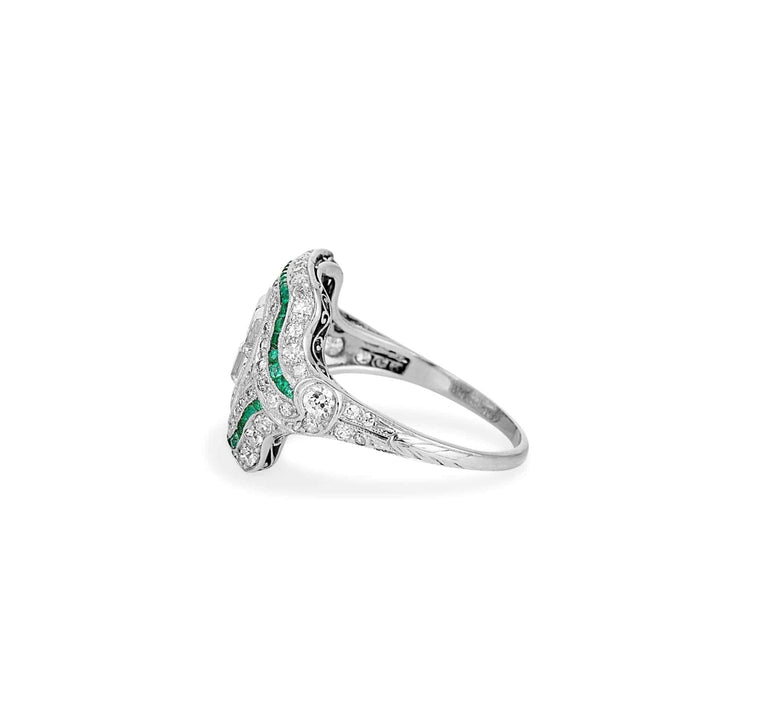 Art Deco Carre Cut Diamond & Emerald Ring