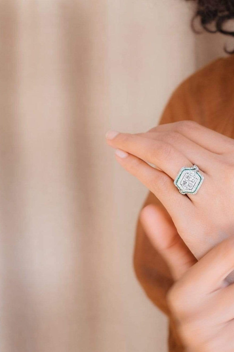 Art Deco Carre Cut Diamond & Emerald Ring