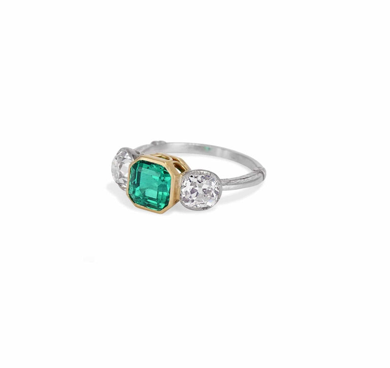 Art Deco Colombian Emerald and Diamond Three-Stone Ring