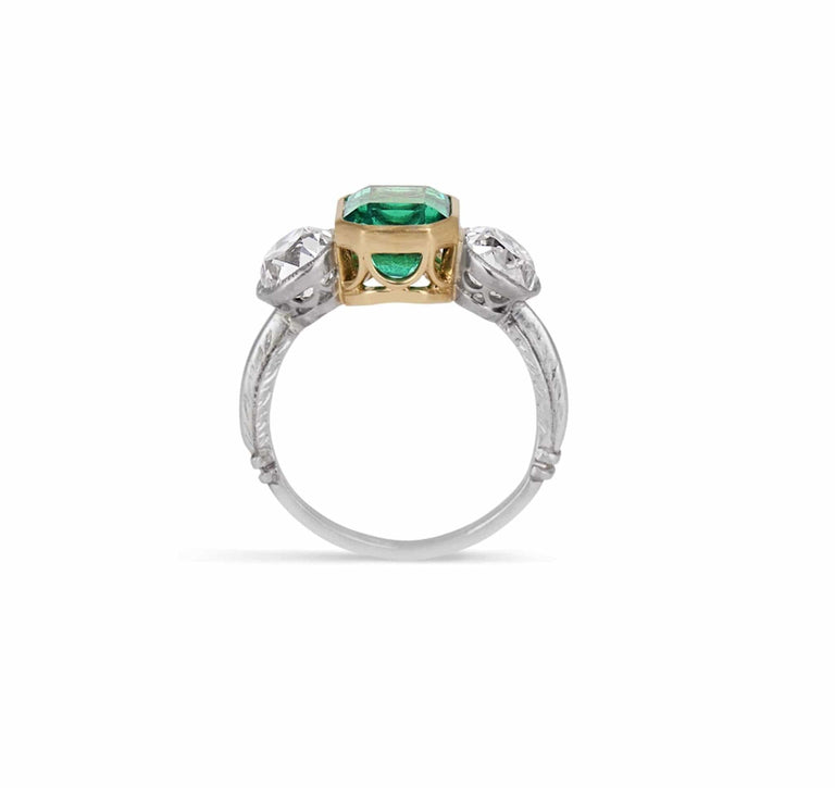 Art Deco Colombian Emerald and Diamond Three-Stone Ring