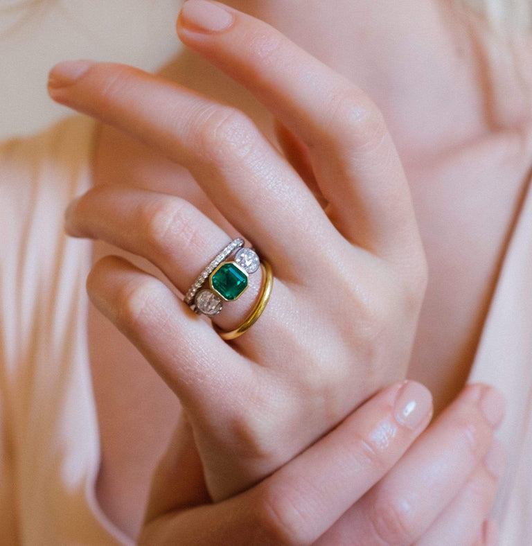 Art Deco Colombian Emerald and Diamond Three-Stone Ring