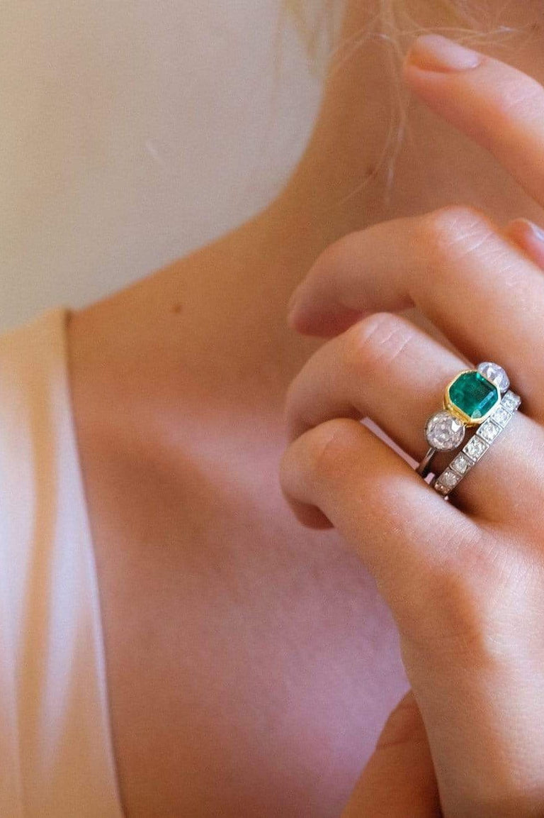 Art Deco Colombian Emerald and Diamond Three-Stone Ring