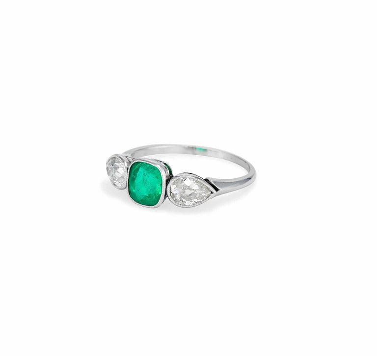 Art Deco Cushion-Cut Colombian Emerald and Diamond Three Stone Ring