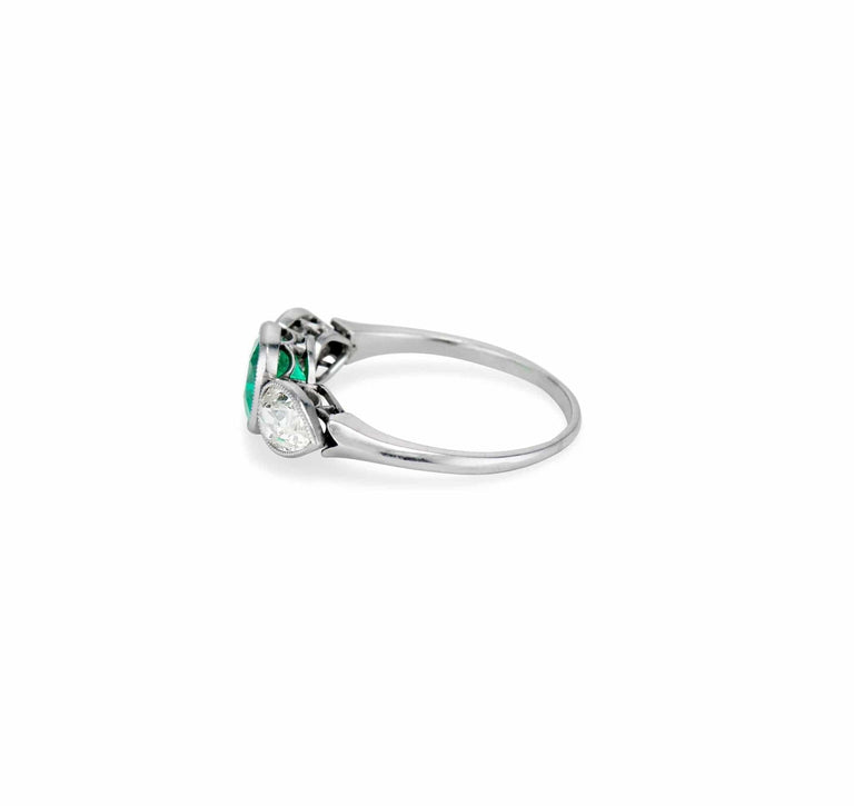 Art Deco Cushion-Cut Colombian Emerald and Diamond Three Stone Ring