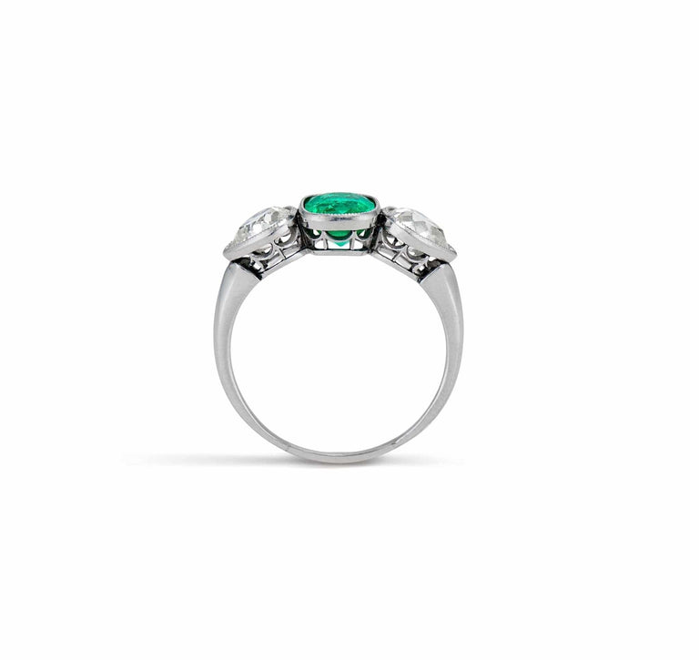 Art Deco Cushion-Cut Colombian Emerald and Diamond Three Stone Ring