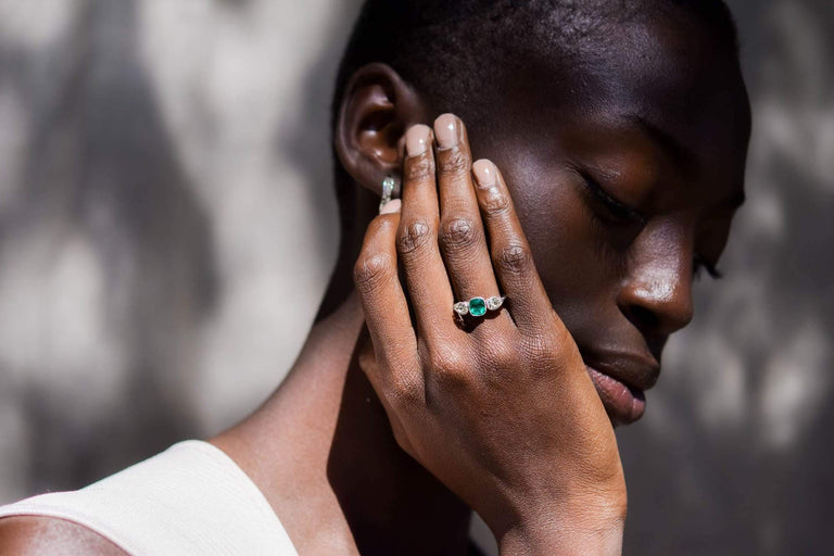Art Deco Cushion-Cut Colombian Emerald and Diamond Three Stone Ring