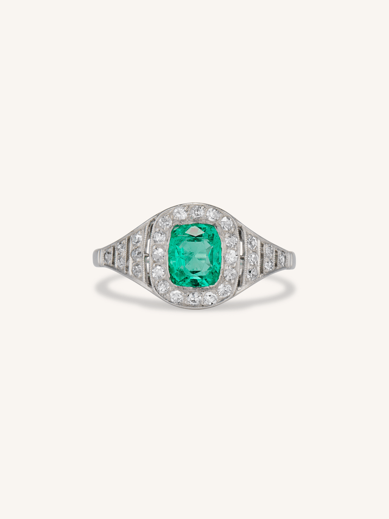 Art Deco Cushion Cut Colombian Emerald & Diamond Bombé Ring, France
