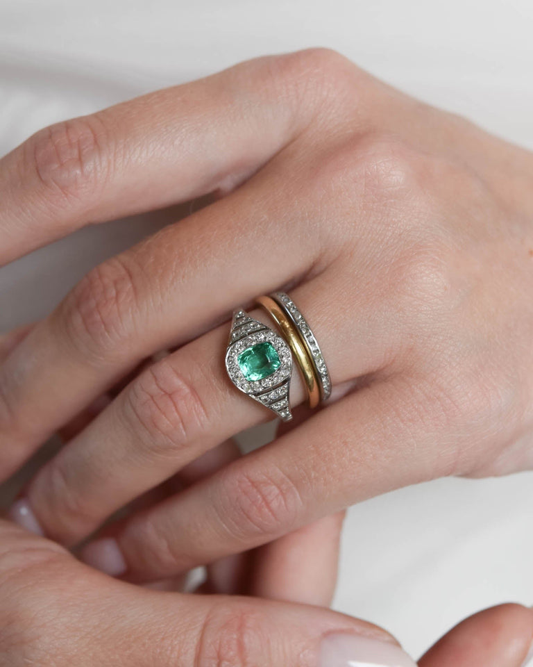 Art Deco Cushion Cut Colombian Emerald & Diamond Bombé Ring, France