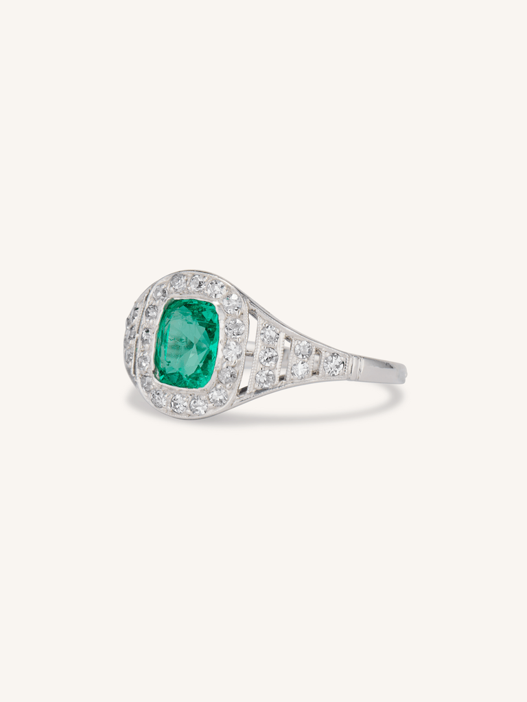 Art Deco Cushion Cut Colombian Emerald & Diamond Bombé Ring, France