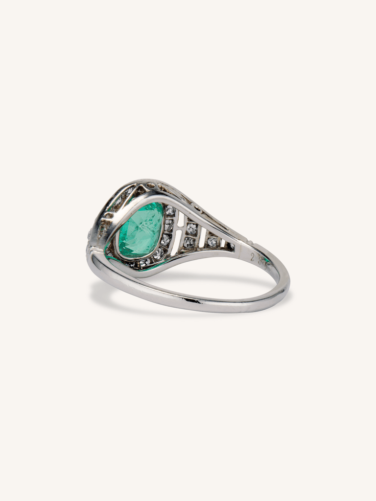 Art Deco Cushion Cut Colombian Emerald & Diamond Bombé Ring, France