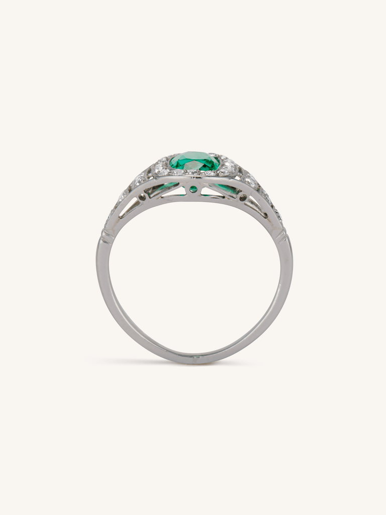 Art Deco Cushion Cut Colombian Emerald & Diamond Bombé Ring, France