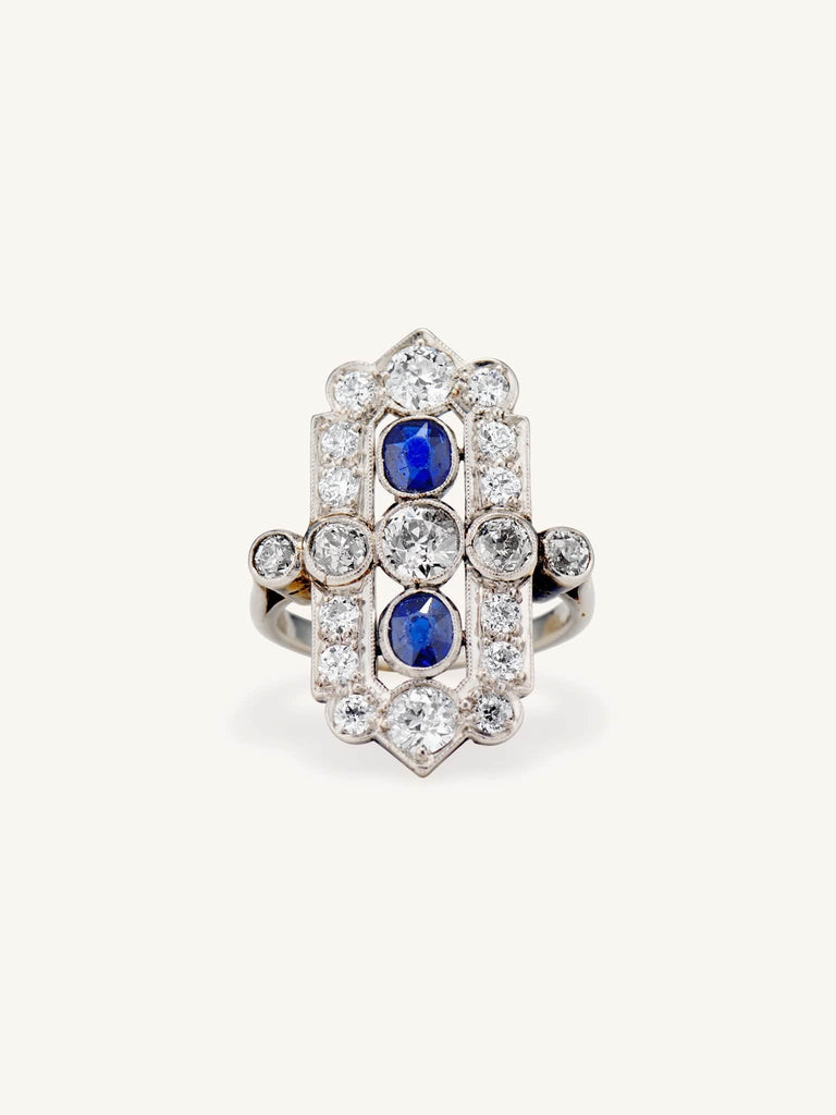 Art Deco Cushion Cut Sapphire & Diamond Dinner Ring