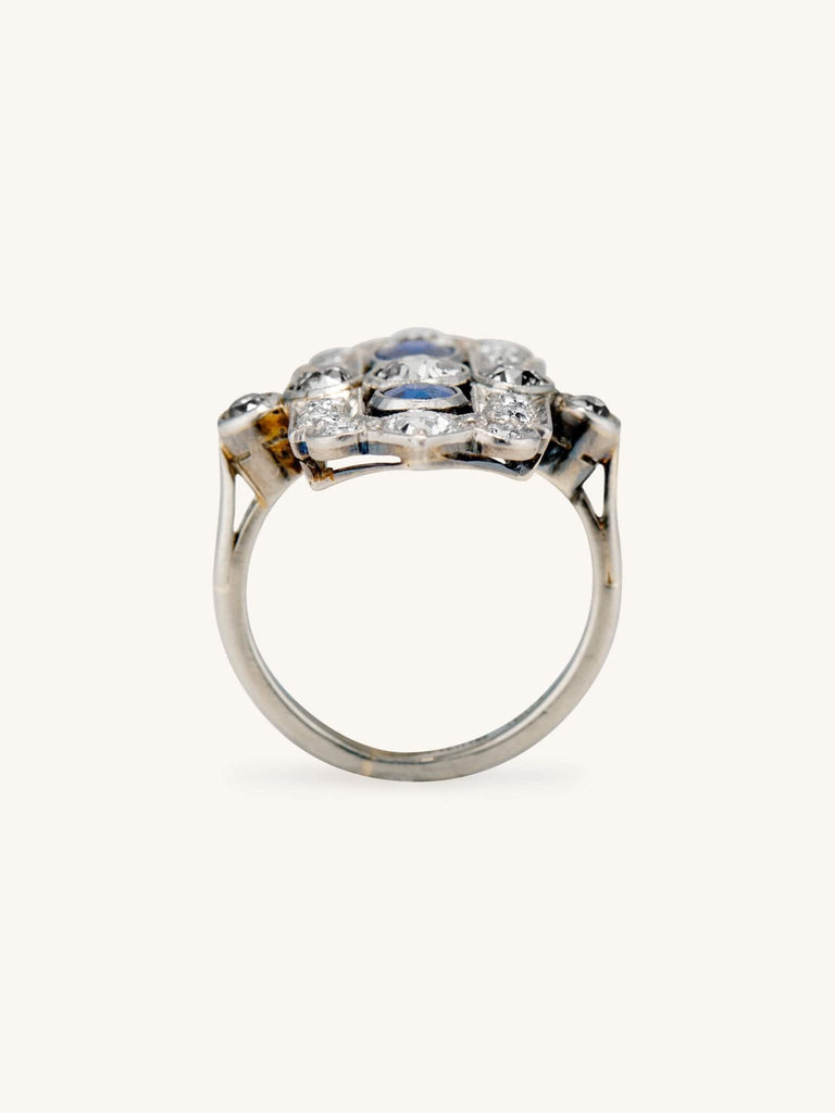 Art Deco Cushion Cut Sapphire & Diamond Dinner Ring