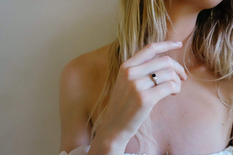 ART DECO DIAMOND AND BLACK ONYX THREE STONE BAND