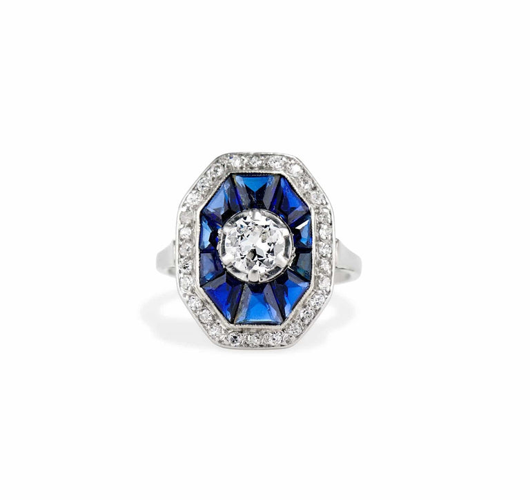 Art Deco Diamond and Sapphire Octagonal Engagement Ring