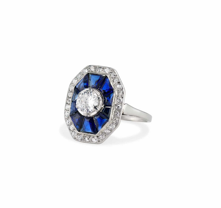 Art Deco Diamond and Sapphire Octagonal Engagement Ring