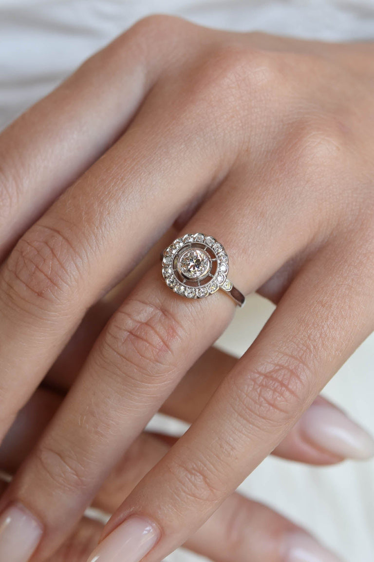 Art Deco Old European Cut Diamond Cluster Vintage Engagement Ring, France