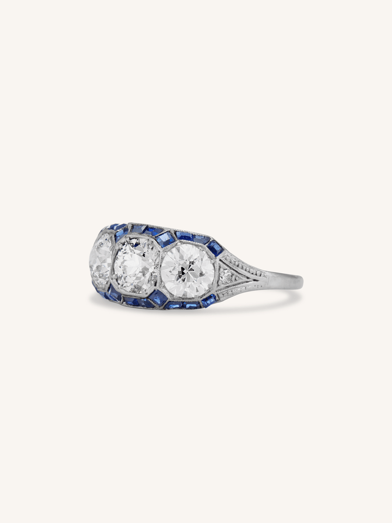 Art Deco Diamond Three Stone with Calibre Cut Sapphires