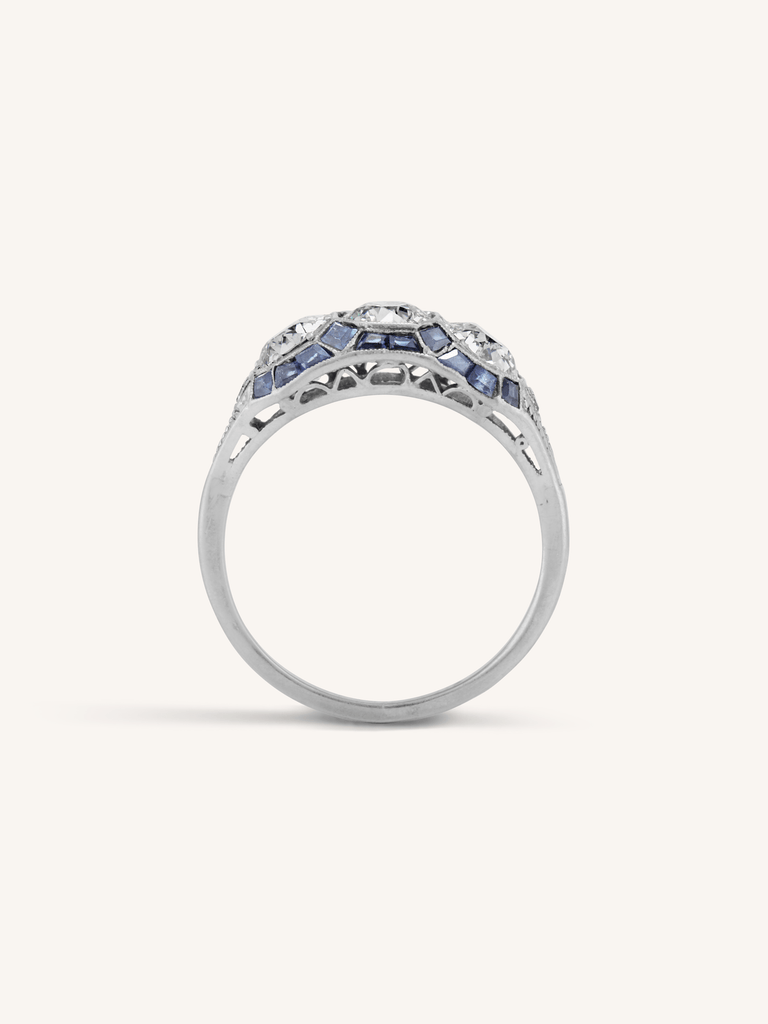 Art Deco Diamond Three Stone with Calibre Cut Sapphires