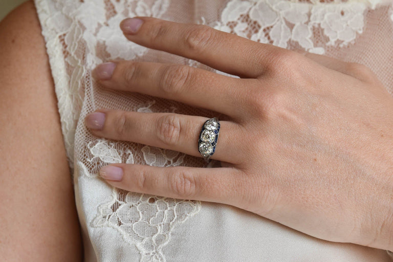 Art Deco Diamond Three Stone with Calibre Cut Sapphires