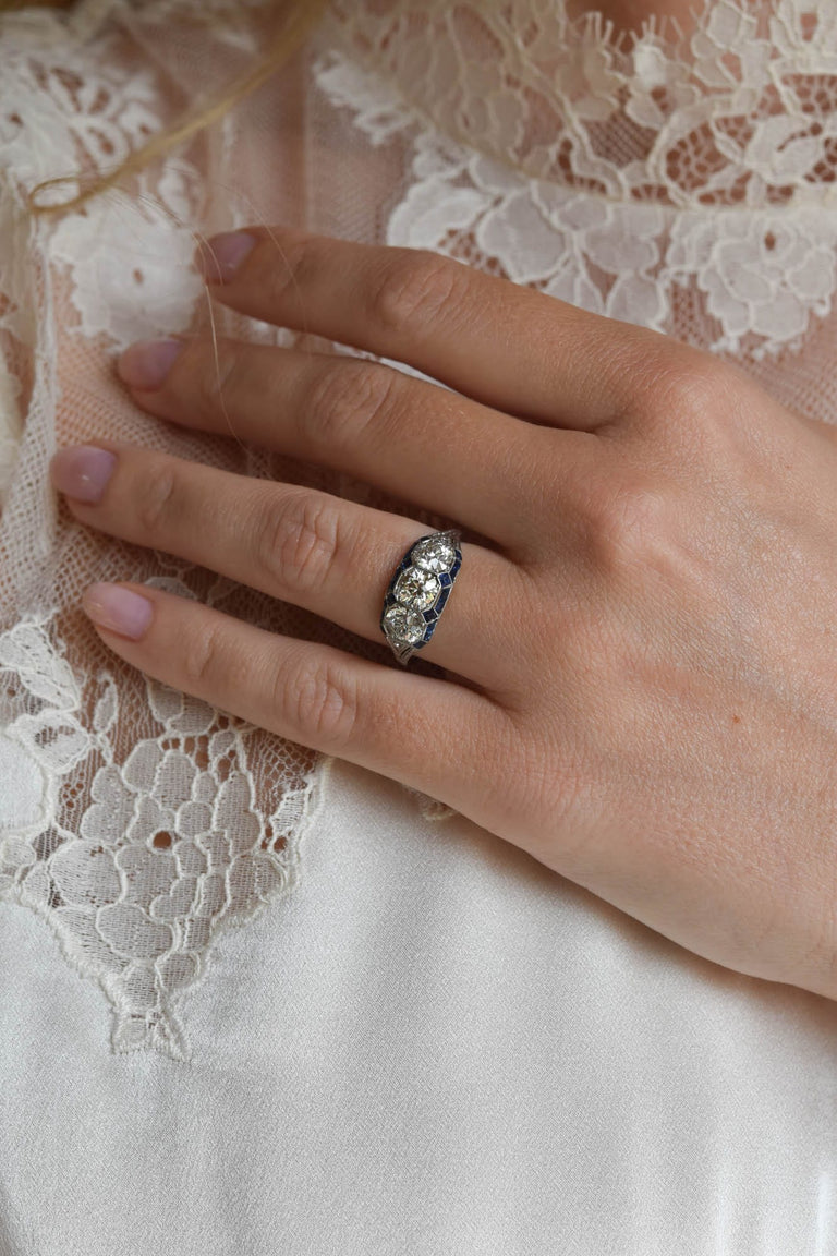 Art Deco Diamond Three Stone with Calibre Cut Sapphires