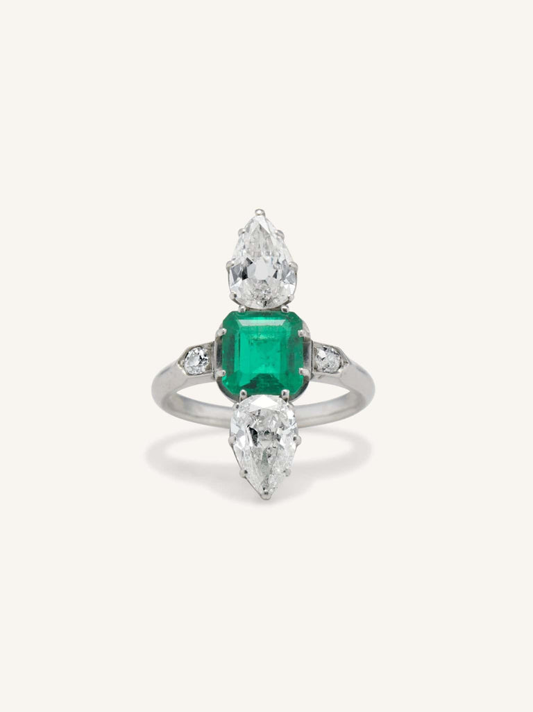 Art Deco Emerald Cut Emerald & Diamond Three Stone Ring