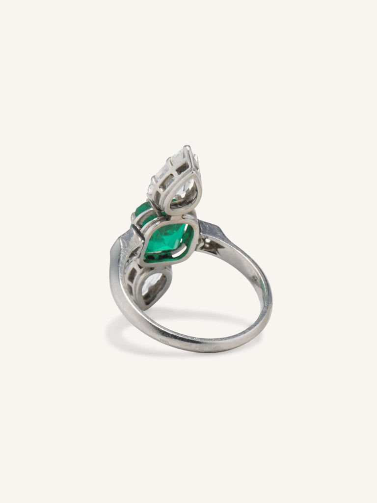 Art Deco Emerald Cut Emerald & Diamond Three Stone Ring