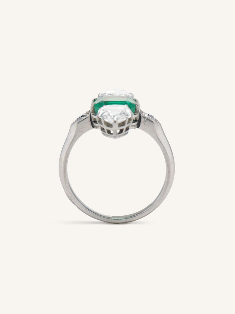 Art Deco Emerald Cut Emerald & Diamond Three Stone Ring
