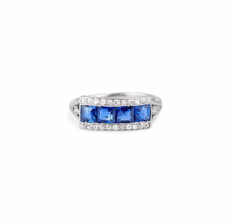 Art Deco French Calibré Cut Sapphire and Diamond Half Band