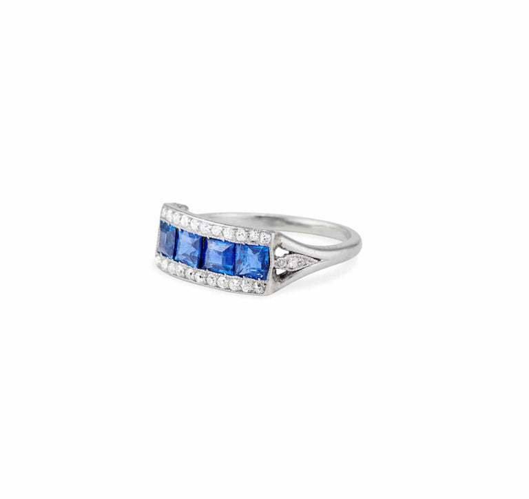 Art Deco French Calibré Cut Sapphire and Diamond Half Band