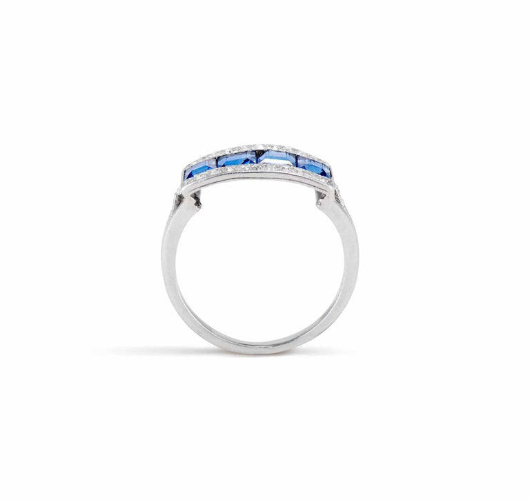 Art Deco French Calibré Cut Sapphire and Diamond Half Band