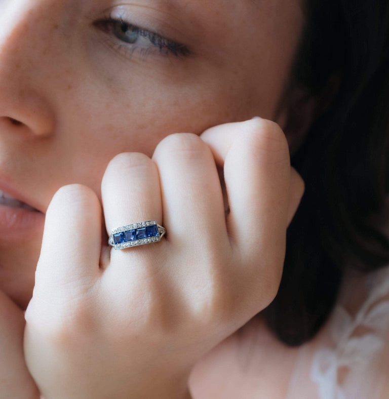 Art Deco French Calibré Cut Sapphire and Diamond Half Band