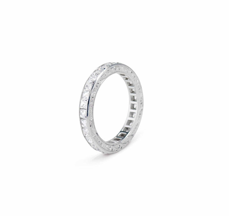 Art Deco French Cut Diamond and Platinum Engraved Wedding Band