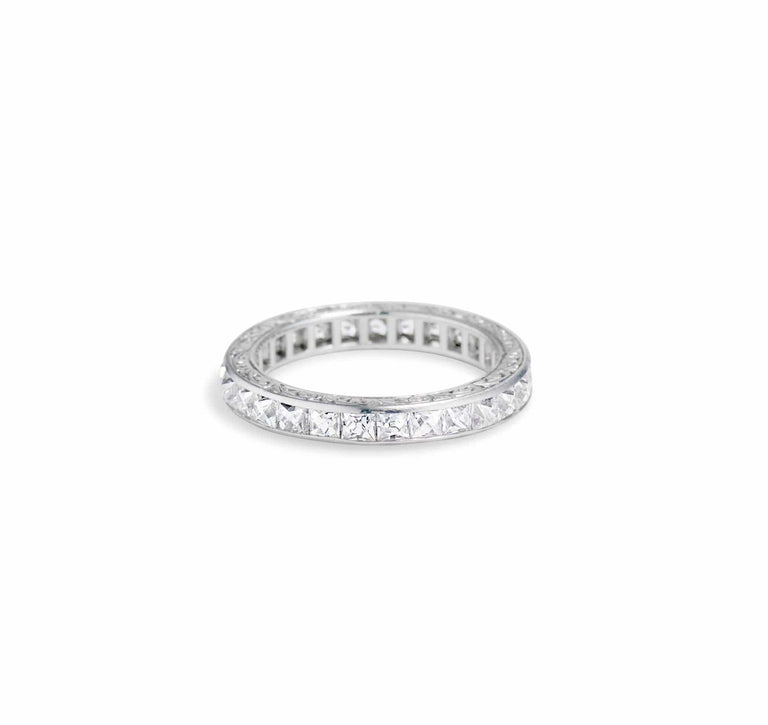 Art Deco French Cut Diamond and Platinum Engraved Wedding Band