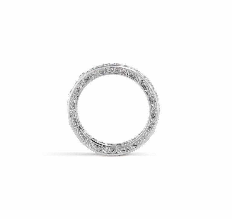 Art Deco French Cut Diamond and Platinum Engraved Wedding Band