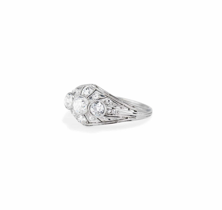 Art Deco Gorham Co. Three Stone Diamond and Platinum Filagree Dome Ring