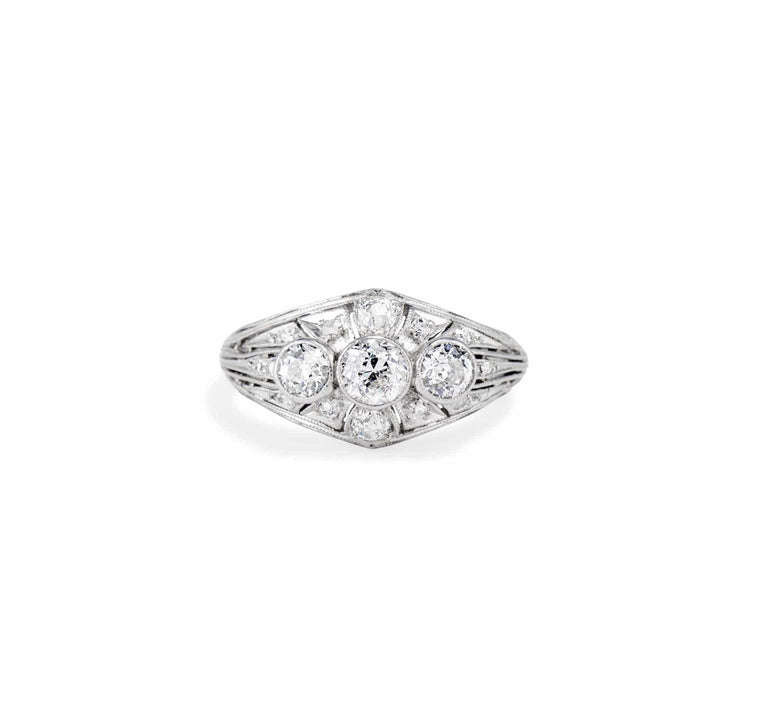 Art Deco Gorham Co. Three Stone Diamond and Platinum Filagree Dome Ring