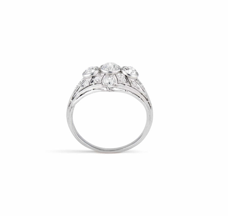 Art Deco Gorham Co. Three Stone Diamond and Platinum Filagree Dome Ring