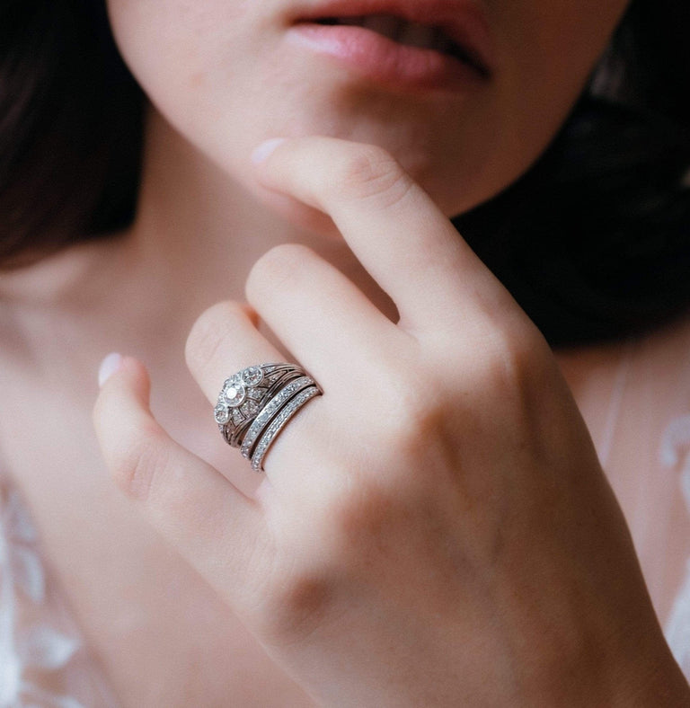 Art Deco Gorham Co. Three Stone Diamond and Platinum Filagree Dome Ring