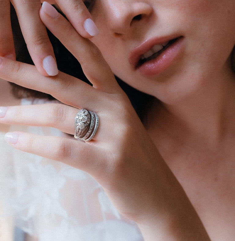 Art Deco Gorham Co. Three Stone Diamond and Platinum Filagree Dome Ring