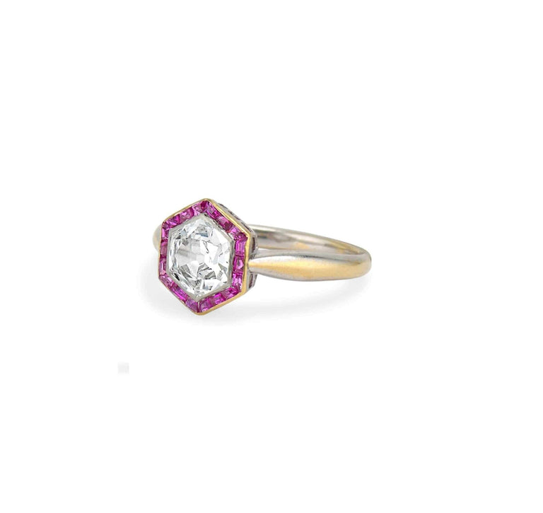 Art Deco Hexagonal-cut Diamond and Ruby Engagement Ring