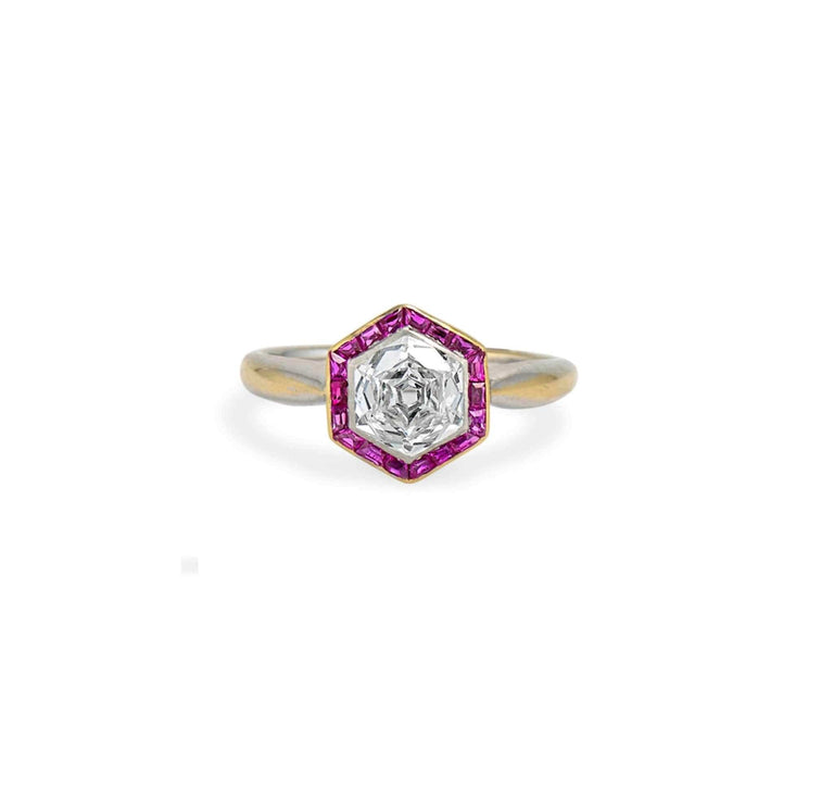 Art Deco Hexagonal-cut Diamond and Ruby Engagement Ring